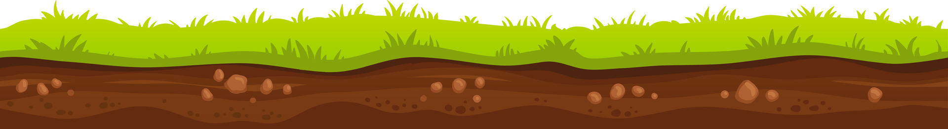 Seamless cartoon soil and grass with rocks, ground surface with stones, underground layers, earth texture, nature background, illustration vector
