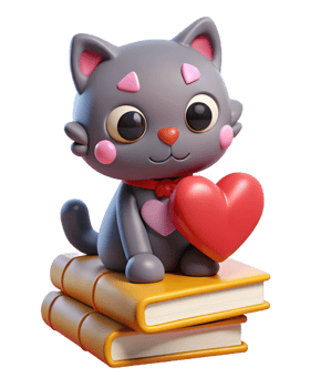 Furry cat on books with a lovely heart-filled atmosphere png