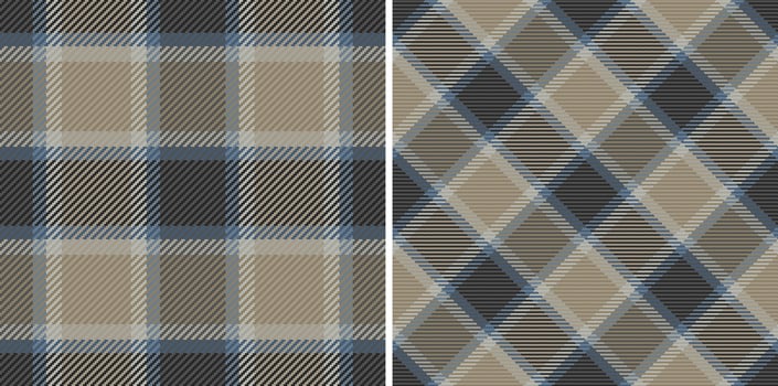 Elegant neutral plaid patterns. Two seamless designs in muted blues, grays, and browns. Perfect for textile prints, website backgrounds, or apparel design. Stylish and versatile for modern projects. vector