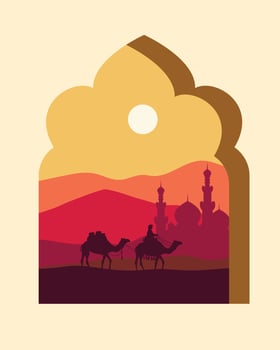 Caravan traveling in sahara desert on arabic windows style vector