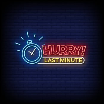 hurry last minute neon sign style with brick wall background vector