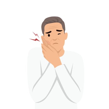 Elderly man suffering from sudden toothache feel unhealthy unhappy need dental service help. vector