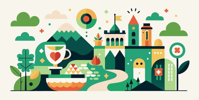 A colorful illustration of a castle and a cup vector
