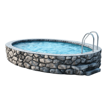 Oval-shaped pool with stone wall and metal ladder on a transparent background png