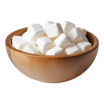 Wooden bowl filled with fluffy marshmallows isolated on a transparent background for cooking and dessert concepts png