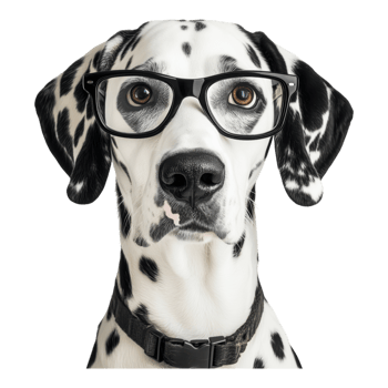 Charming Dalmatian dog portrait with glasses on transparent background, showcasing intelligence and playfulness png