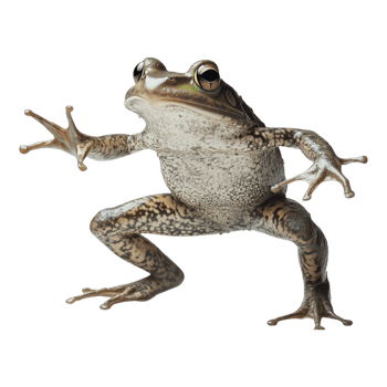 Dynamic photograph of an African bullfrog dancing with enthusiasm set against a transparent background png