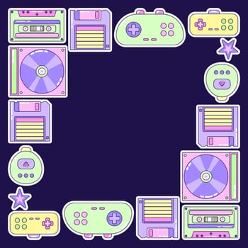 Square Frame Game and Music. Multicolored elements on dark background. Retro illustration with outline in 90s style. Isolated illustration. vector