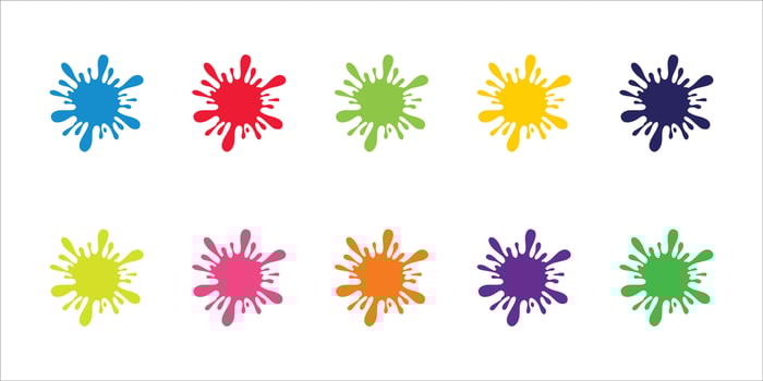 Set Paint splatter colorful set. Round splash flat collection, decorative shapes liquids. Different splashes and drops, cartoon spatters. Stain colored ink collection. Isolated illustration vector