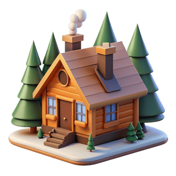 Wooden Cabin Nestled Among Pine Trees in 3D png