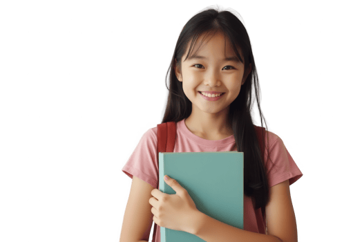 Smiling young asian student girl with book isolated on transparent background png