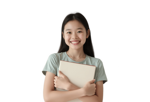 Smiling Asian Student Holding a Notebook Isolated on Transparent Background png