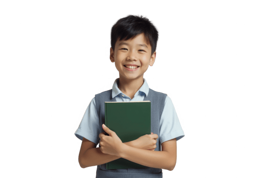 Smiling young student boy with book isolated on transparent background. png