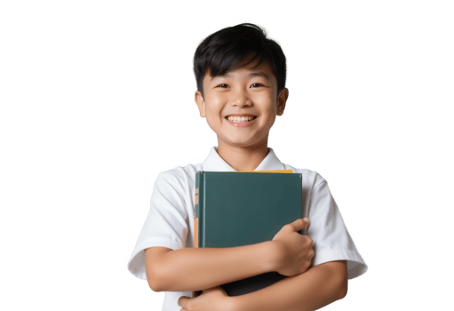Cheerful young asian boy in white shirt holding books, smiling confidently, isolated on transparent background. png