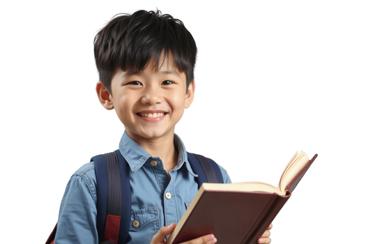 Smiling asian boy with backpack holding an open book, isolated on transparent background. Education and back-to-school concept png