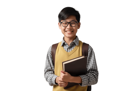 Smiling asian student in glasses holding a book, isolated on transparent background. png