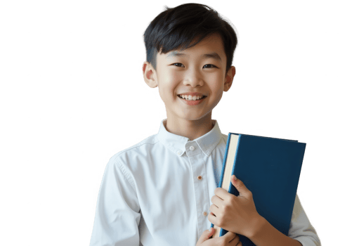Smiling asian boy holding a book in white shirt, isolated on transparent background. png