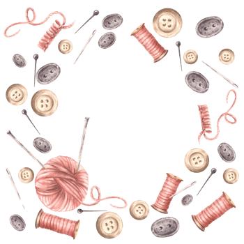 Buttons, a pink yarn ball with knitting needles, thread spool and sewing pins frame. Needlework, handicrafts, hobby square label template. Watercolor hand drawn illustration isolated from background png