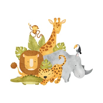 African jungle animals rhino, lion, monkey, giraffe, leopard, crocodile, toucan, tropical leaves. Baby isolated hand drawn watercolor illustration of Safari friends for kids design vector