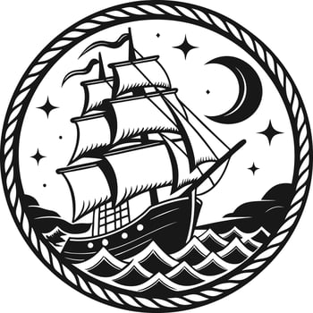 Circular Nautical Emblem with Vintage Sailing Ship, Moonlit Sky and Rope Border vector