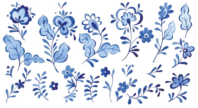 watercolor illustration, set of blue ornaments. folk pattern vector