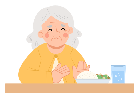 Illustration of elderly woman concerned about food png