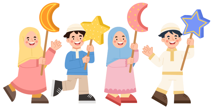 Illustration of happy Muslim children holding lanterns png