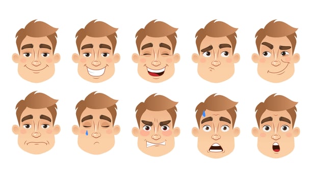 Set of male character facial expressions. Young man emoji with different expressions. illustration in cartoon style vector