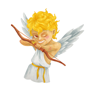 A mischievous laughing boy Cupid directs an arrow from a bow at the viewer. Watercolor cartoon cherub character. Isolated angel for Valentine's Day holiday printing, tableware and textile design png