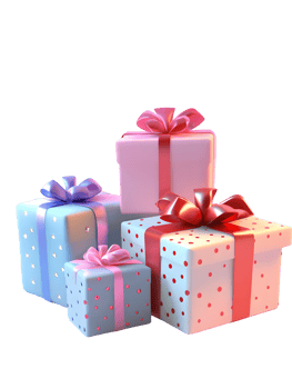 Colorful arrangement of festive gift boxes in varying sizes of blue and pink wrapped in decorative paper with vibrant bows on top for celebratory occasions png