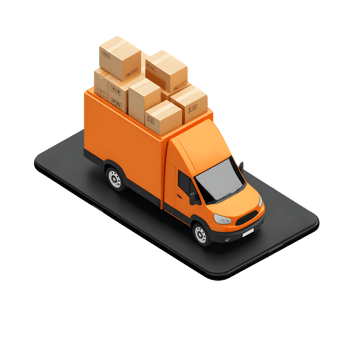 Stylized delivery van loaded with packages positioned on a smartphone representing modern logistics and e-commerce solutions providing fast and efficient services png