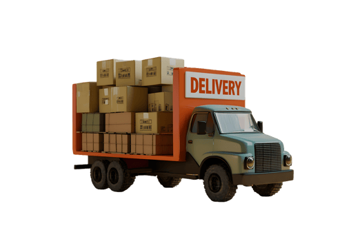Stylized delivery truck loaded with cardboard boxes showcasing a prominent delivery sign in soft colors for a friendly appearance png