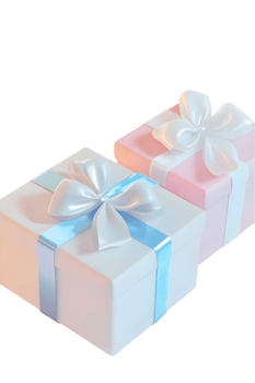 Elegant presentation of two beautifully wrapped gift boxes in pastel colors with a pink box adorned with a white bow and a white box finished with a blue ribbon, perfect for any celebration. png