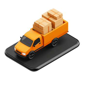 Vibrant orange delivery truck loaded with boxes positioned on a sleek smartphone symbolizing the intersection of technology and logistics in modern delivery services png
