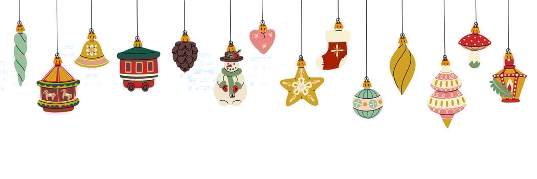 banner Christmas balls. Soviet toys. A banner for the decoration of a Christmas tree, Christmas balls on a white background. Snowman, star, bell. The holiday decoration template. Horizontal vector