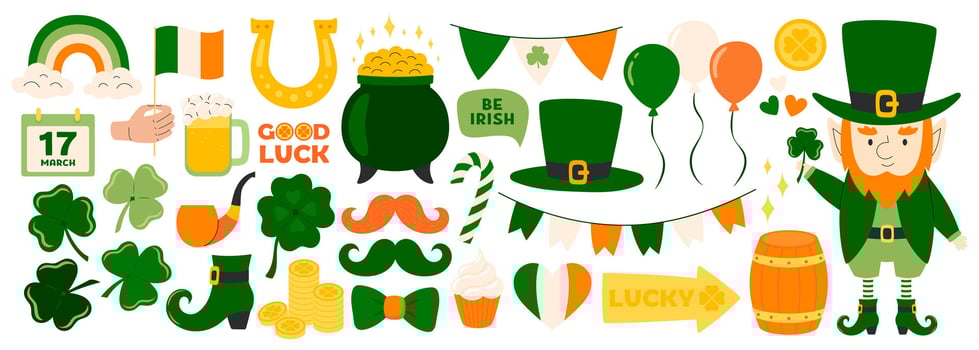 St. Patrick s day stickers set. Ireland holiday lucky item, fortune symbols, luck shamrock, rainbow, pot gold coins, clover, horseshoe, leprechaun, beer party. Flat illustration isolated vector