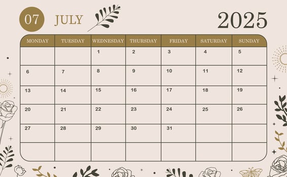 2025 july monthly calendar week start on Sunday with boho style that use for horizontal digital and printable A4 A5 size vector