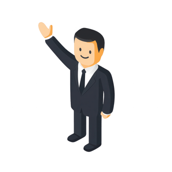 A cheerful businessman waving in a professional suit, representing positivity. png