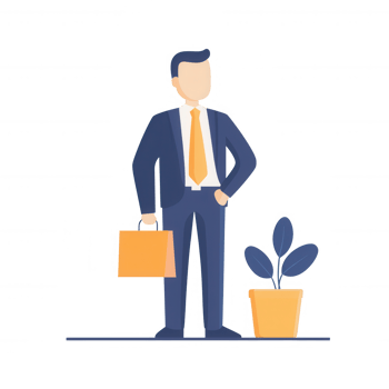 A businessman stands confidently with a briefcase and a potted plant, exuding professionalism. png