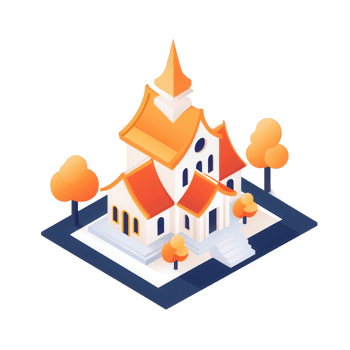 A beautifully designed church with an elegant style, surrounded by vibrant trees. png