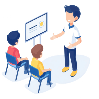 A presenter training two individuals in a professional setting. png
