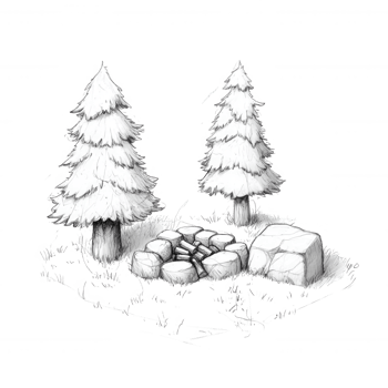 A serene winter scene featuring snow-capped trees and a cozy stone campfire. png