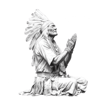 A statue of a Native American chief in a prayerful pose, symbolizing tradition. png