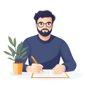 A young man working diligently at a desk with a plant and notepad. png