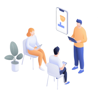 A team meeting with individuals discussing ideas using digital devices. png