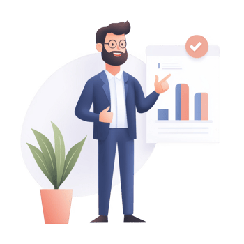 Businessman presenting data in a professional setting with charts and greenery. png