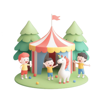 Children joyfully playing in a colorful tent with a unicorn in a lively forest setting. png