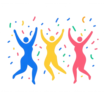 Colorful silhouettes of people celebrating with joy and confetti in a festive atmosphere. png