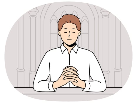 Man praying sitting on bench in temple seeking spiritual support in catholic and christian religion vector