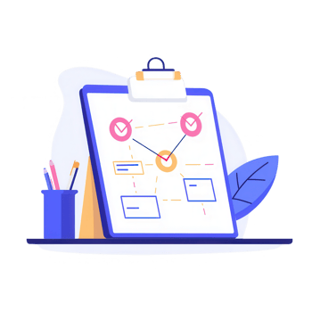 Illustration of a project management board with tasks and checkmarks for efficiency. png